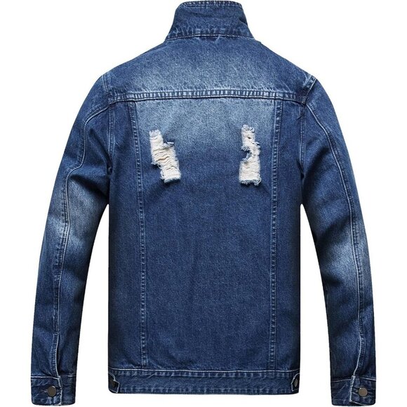 Men's Jean Jacket Distressed Slim Denim Jacket Long Sleeve Button Down Dark Blue - Picture 3 of 9